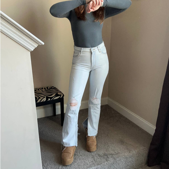 Don't Think Twice light wash distressed flare split hem jeans, size 4 - Picture 7 of 11